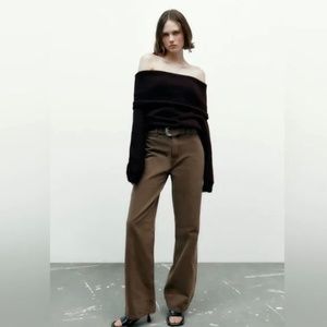 Zara Chocolate Brown TRF Belted Wide Leg Jeans